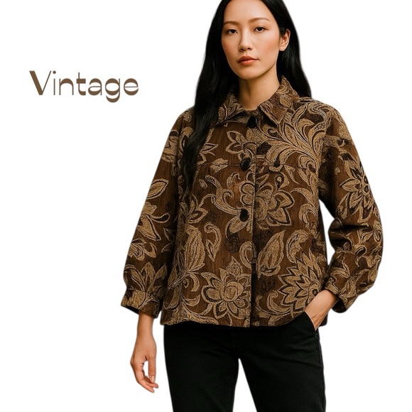 CMC Jackets & Blazers - Vintage Brown Cream Tan Brocade Floral Jacket Size S